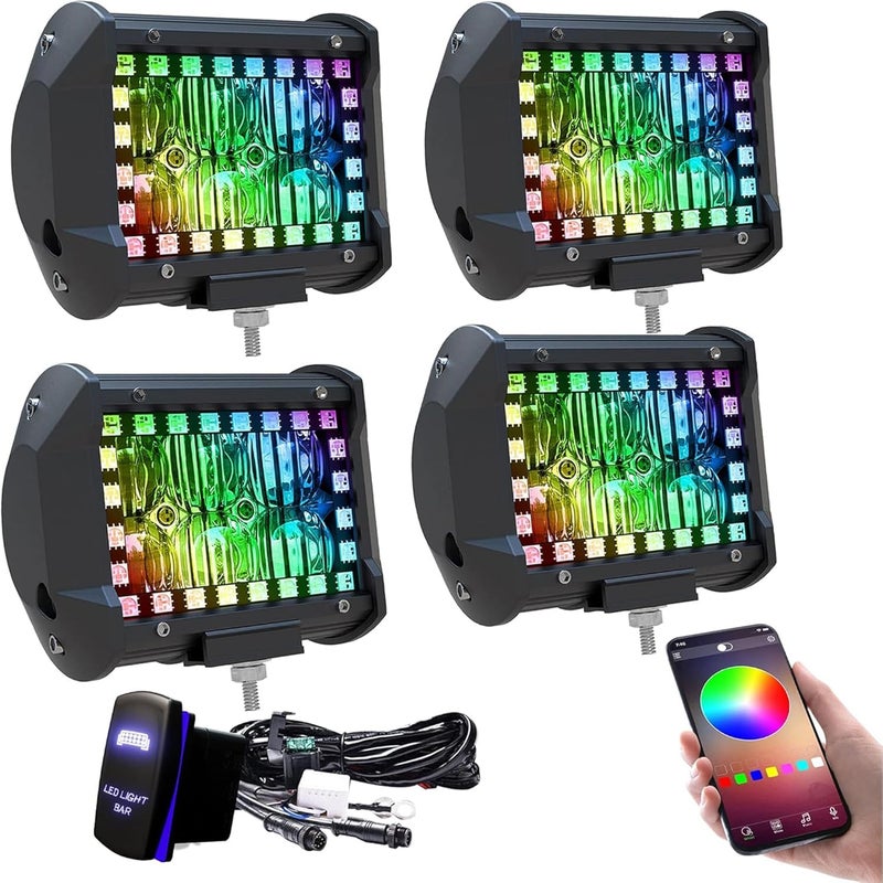 FEELON 4PCS 4" RGB LED Pods Flood Work Light Bar with Multi-Color Chasing Halo - Image 1