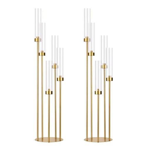 Fullvaseer 2PCS Gold Floor Candelabra,5 Arm Candle Holder Tall Floor Candle Holder with Acrylic Lampshade for Wedding Table Birthday Party Home Decoration Fit LED Taper Candles - Image 1