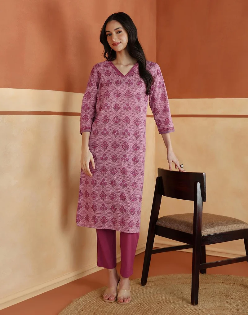 Avni Purple Cotton Printed Abstract Kurta & Pant Set