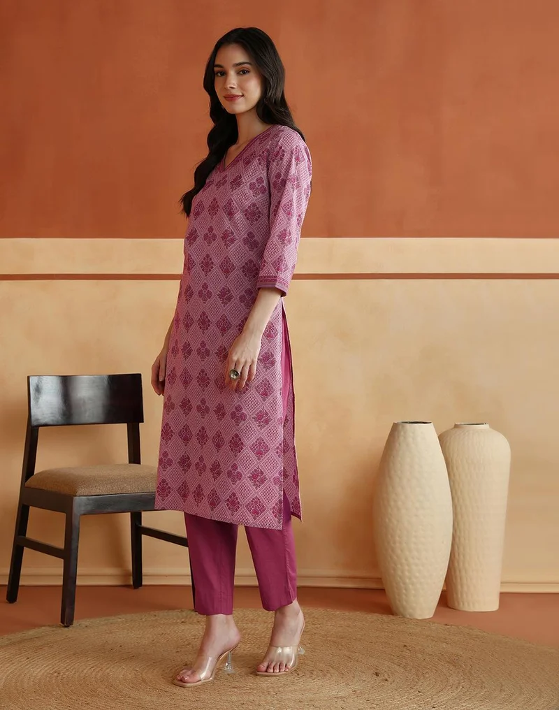 Fabindia  Avni Purple Cotton Printed Abstract Kurta & Pant Set for Women | Best Price UAE