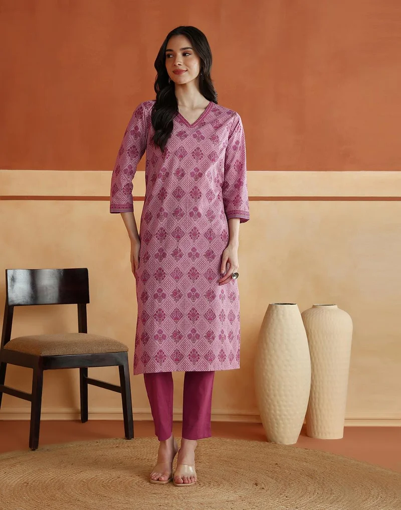 Fabindia  Avni Purple Cotton Printed Abstract Kurta & Pant Set for Women | Best Price UAE