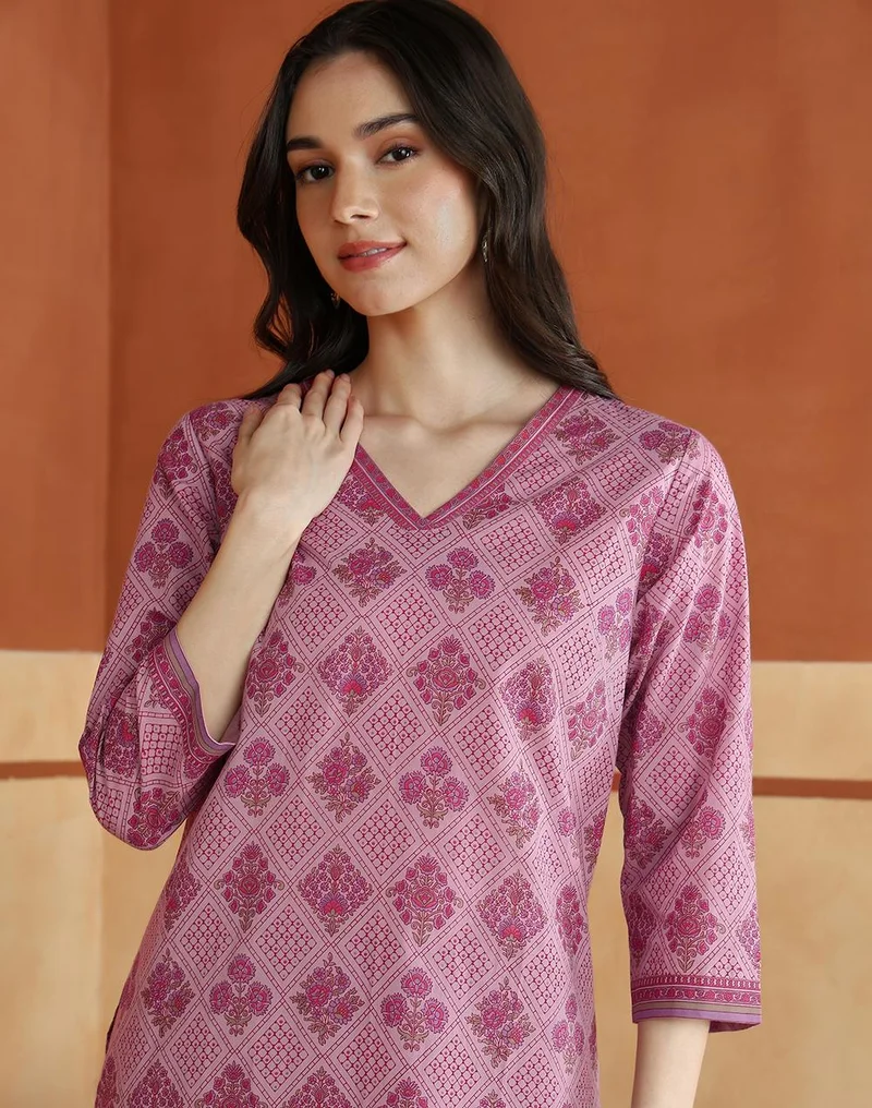 Fabindia  Avni Purple Cotton Printed Abstract Kurta & Pant Set for Women | Best Price UAE