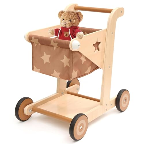 Asweets 2 in 1 Wooden Baby Walker Push and Pull Doll Stroller Shopping Cart Learning Walker for Boys and Girls Sit Stand Learning Toddler Toy Brown - Image 1