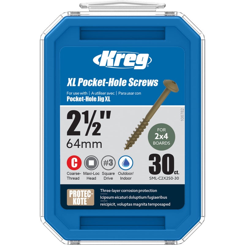 Kreg SML-C2X250-30 Protec-Kote Pocket Screws, 2-1/2 Inch #14 Coarse Thread, Maxi-Loc Head (30 Count) - Image 1