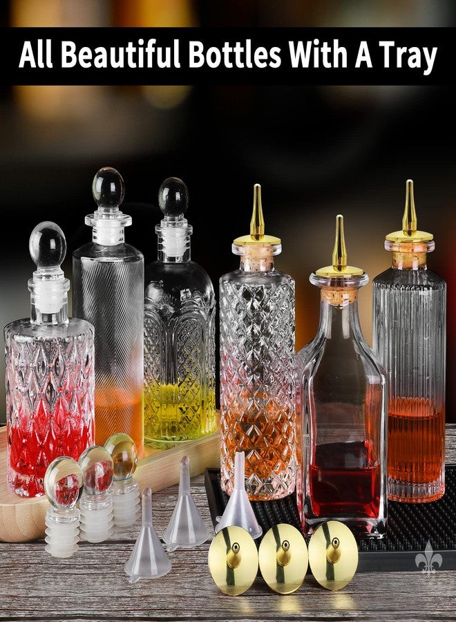 LINALL مجموعة زجاجات لينال للمر (6 زجاجات) - زجاجات عتيقة مع صينية، زجاجات مزخرفة بغطاء مدبب وسدادة، زجاجات مدببة لتحضير الكوكتيلات، مثالية للبار المنزلي أو البار الخاص بالبار - Image 3