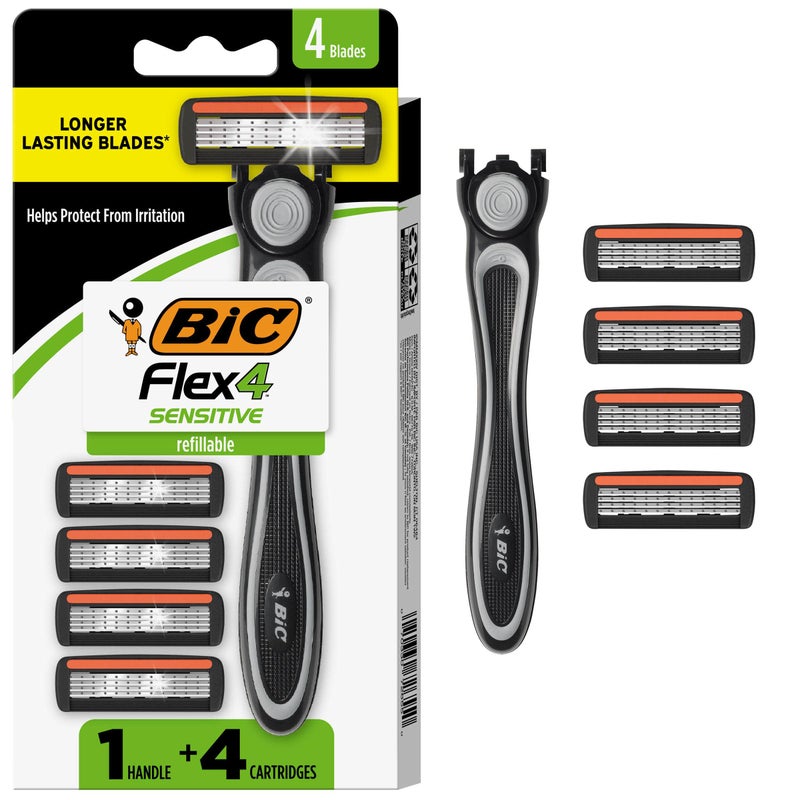 BIC Flex 4 Refillable Razors for Men, Long-Lasting 4 Blade Razors for Sensitive Skin, 1 Handle and 4 Cartridges, 5 Piece Shaving Kit - Image 1
