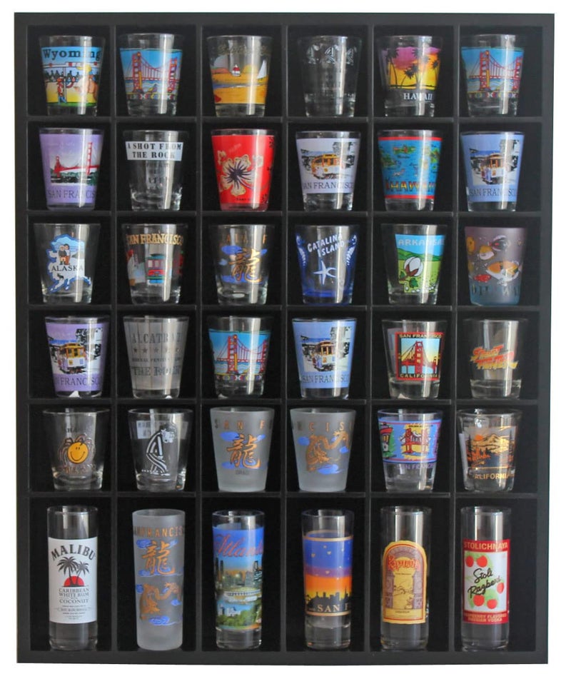 Black Shot Glass Display Case 36 Slots Minifigures Thimble Collection Display Rack Freestanding  No Door with 1 Row for Tall Shooters
