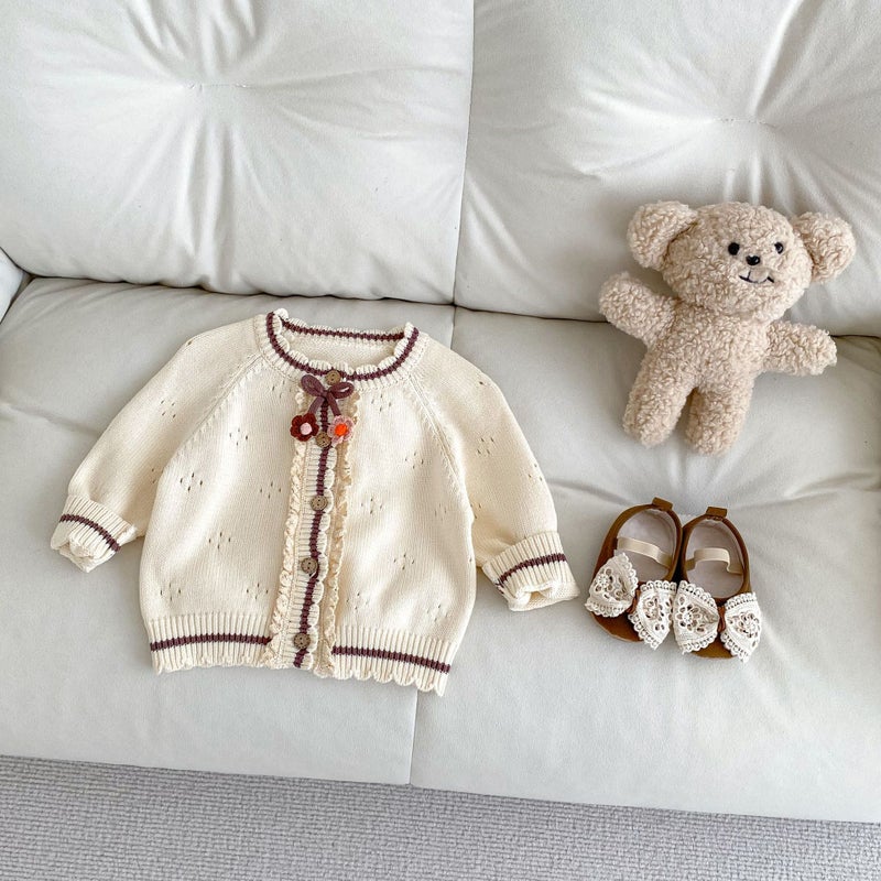 2025 Spring New Baby Girl Pure Cotton Cardigan Hook Flower Decorative Knitted Coat Girls' Sweater - Image 5
