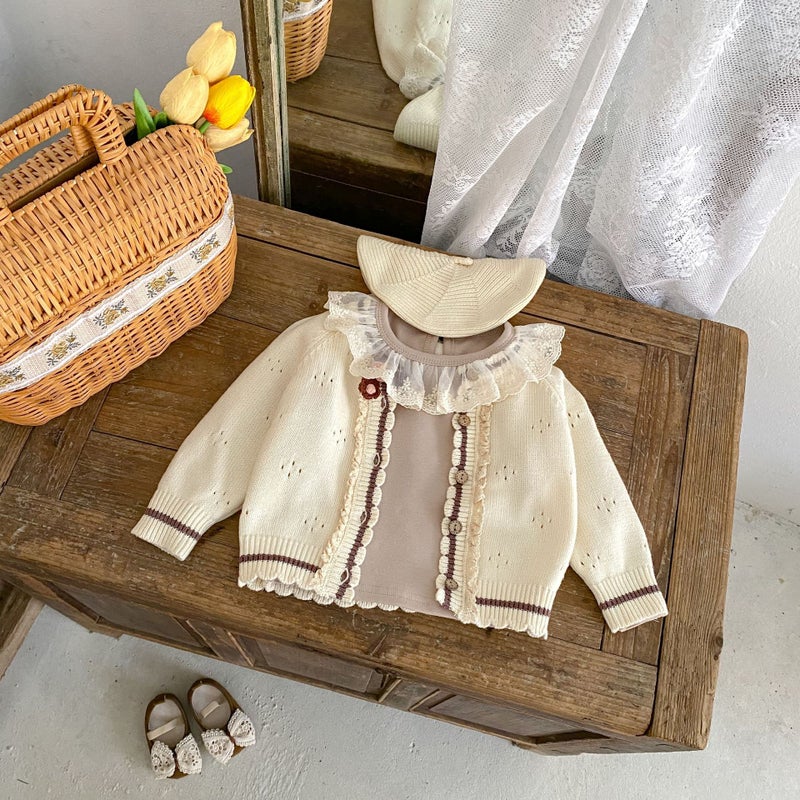2025 Spring New Baby Girl Pure Cotton Cardigan Hook Flower Decorative Knitted Coat Girls' Sweater - Image 3