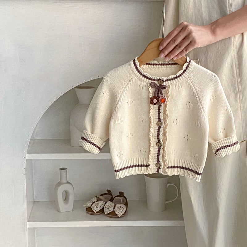 2025 Spring New Baby Girl Pure Cotton Cardigan Hook Flower Decorative Knitted Coat Girls' Sweater - Image 2