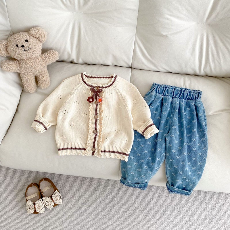 2025 Spring New Baby Girl Pure Cotton Cardigan Hook Flower Decorative Knitted Coat Girls' Sweater - Image 4