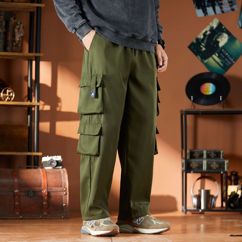 American Style Trendy Mens Cargo Pants Summer Casual Pants Multi-Pocket Wide-Leg Straight-Leg Loose-Fit Pants For Men Green  - Image 1