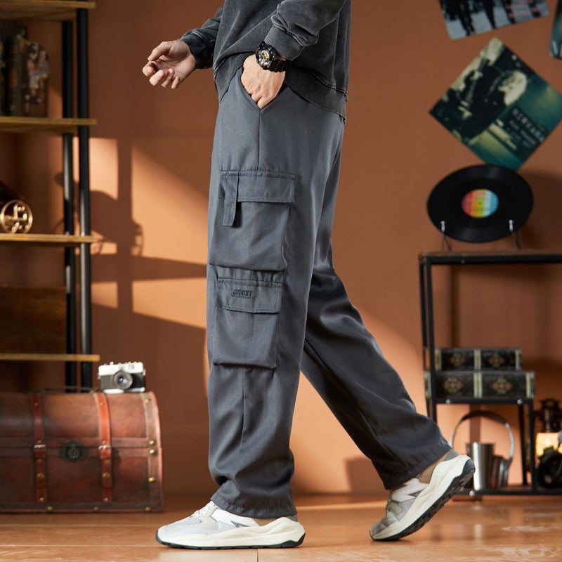 American Style Trendy Mens Cargo Pants Summer Casual Pants Multi-Pocket Wide-Leg Straight-Leg Loose-Fit Pants For Men Green  - Image 2
