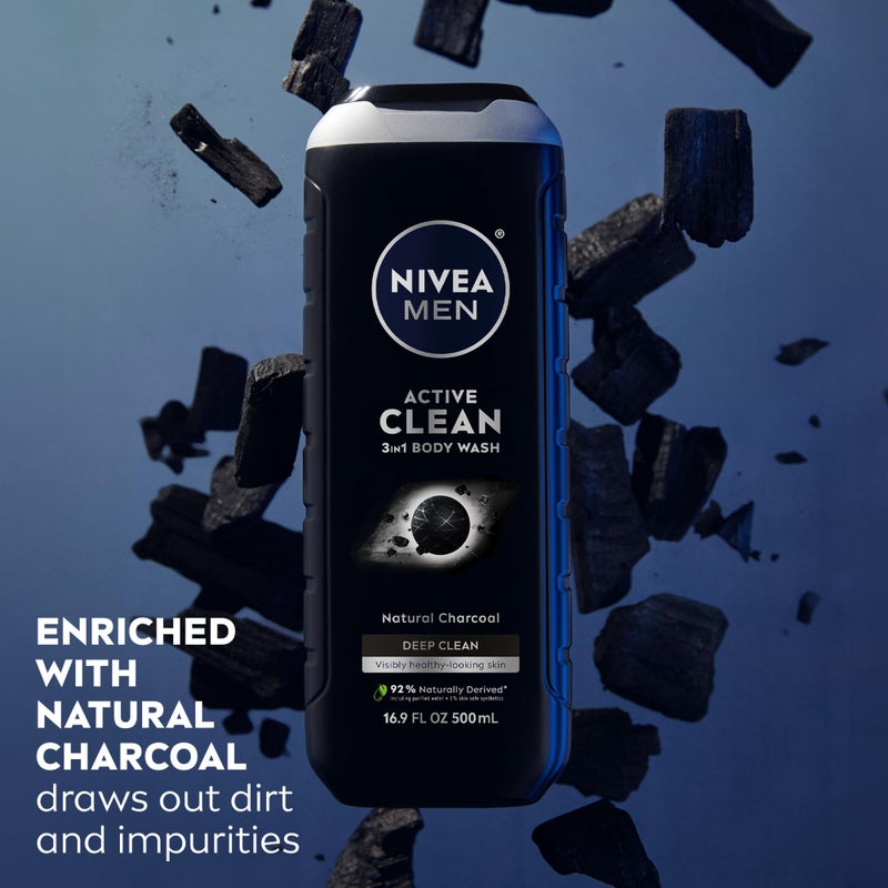 NIVEA Men Active Clean Body Wash with Natural Charcoal for Normal to Oily Skin, 3-in-1 Charcoal Body Wash, Face and Hair, Draws Out Dirt and Impurities, 16.9 Fl Oz Bottle, Pack of 3 - Image 3