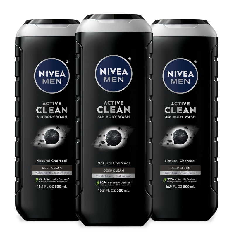 NIVEA Men Active Clean Body Wash with Natural Charcoal for Normal to Oily Skin, 3-in-1 Charcoal Body Wash, Face and Hair, Draws Out Dirt and Impurities, 16.9 Fl Oz Bottle, Pack of 3 - Image 1