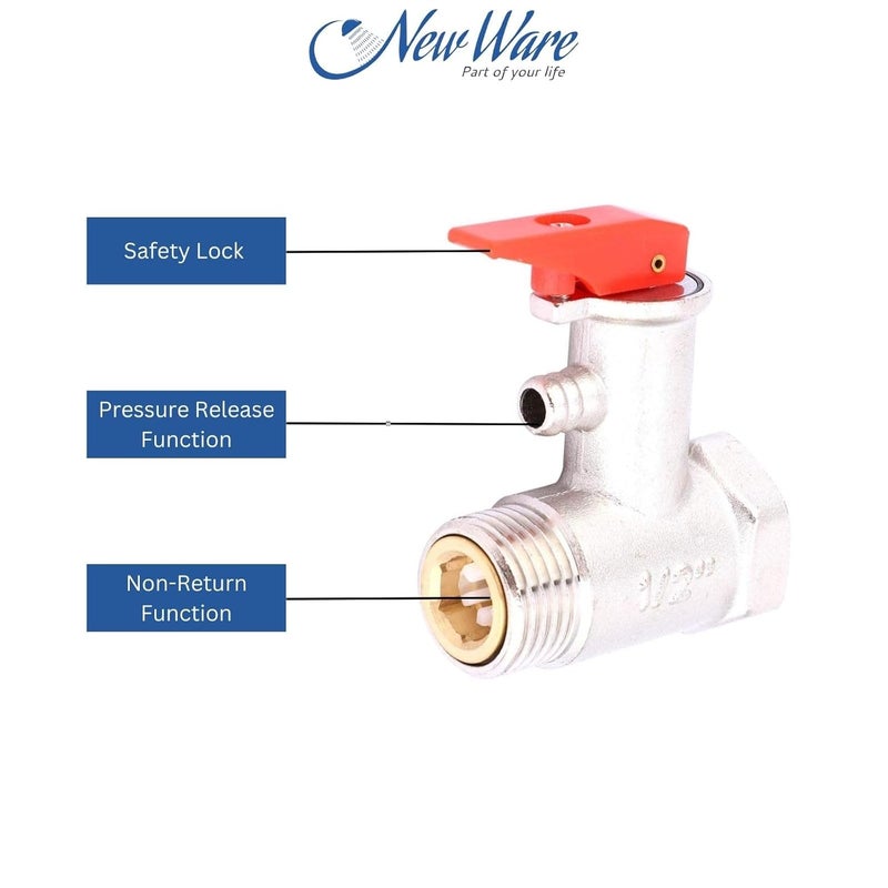 NEW WARE صمام أمان تخفيف الضغط لسخان الماء الكهربائي ® 0.9Mpa | صمام فحص معدني ثقيل لحماية السخان (عبوة من 2) - Image 3