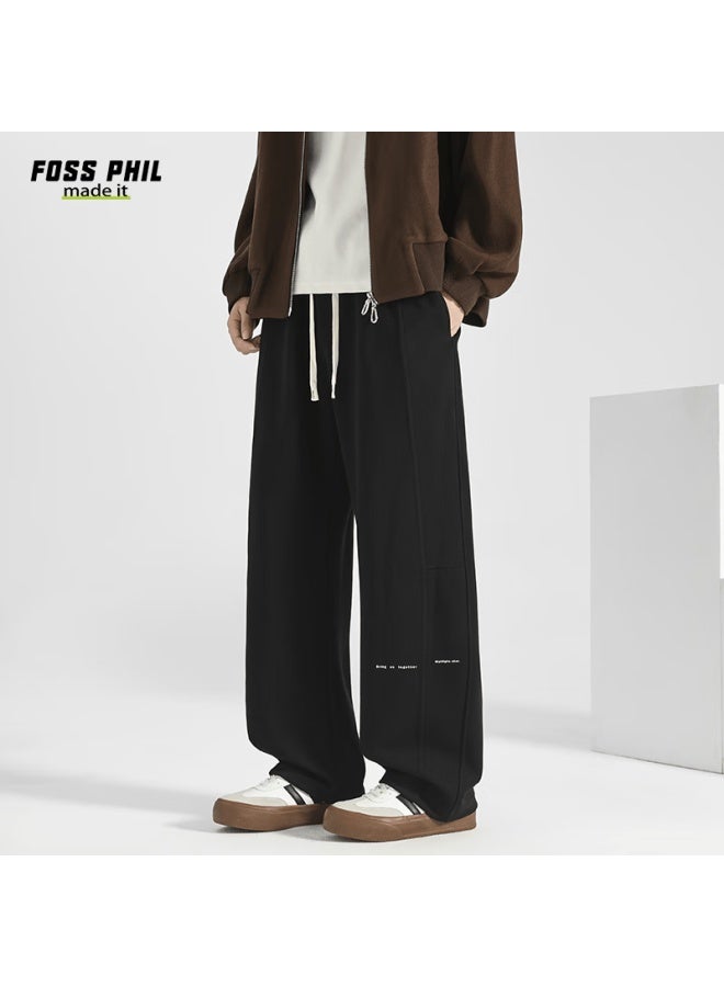Foss Phil Men's Casual Pants Autumn Winter American Style Curved Blade Loose Straight Wide-leg Trousers M1934 Black L - Image 2