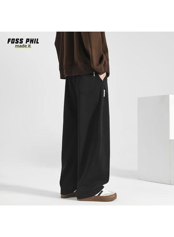 Foss Phil Men's Casual Pants Autumn Winter American Style Curved Blade Loose Straight Wide-leg Trousers M1934 Black L - Image 5