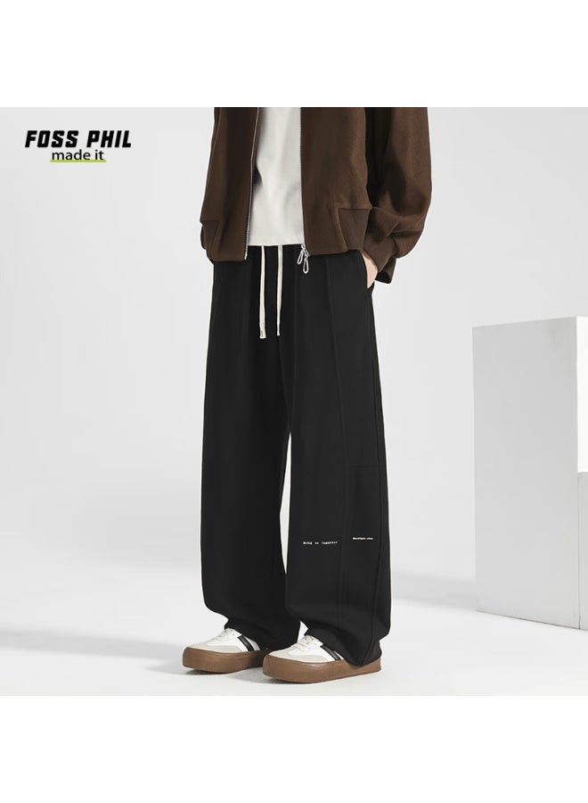 Foss Phil Men's Casual Pants Autumn Winter American Style Curved Blade Loose Straight Wide-leg Trousers M1934 Black L - Image 1