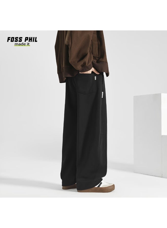 Foss Phil Men's Casual Pants Autumn Winter American Style Curved Blade Loose Straight Wide-leg Trousers M1934 Black L - Image 4