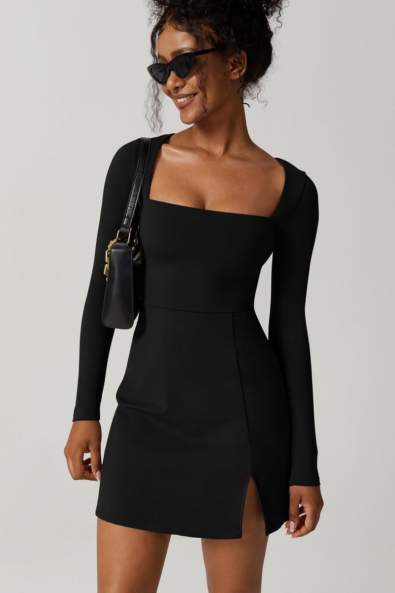 QINSEN Women's Long Sleeve Square Neck Mini Dress High Waist Party Club Outfit Black S - Image 3
