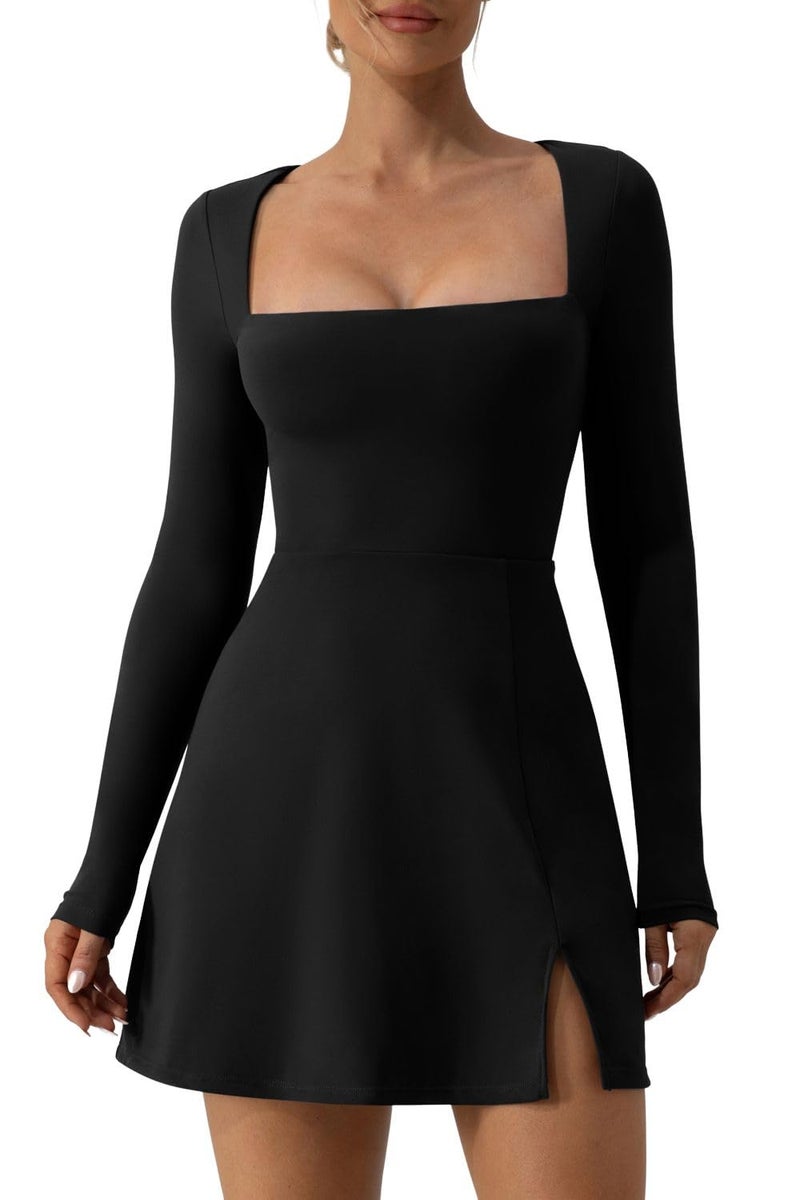 QINSEN Women's Long Sleeve Square Neck Mini Dress High Waist Party Club Outfit Black S - Image 1