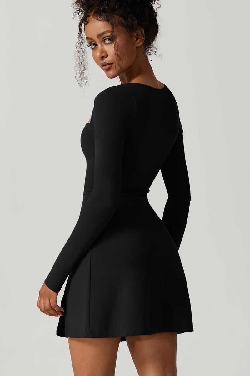 QINSEN Women's Long Sleeve Square Neck Mini Dress High Waist Party Club Outfit Black S - Image 4