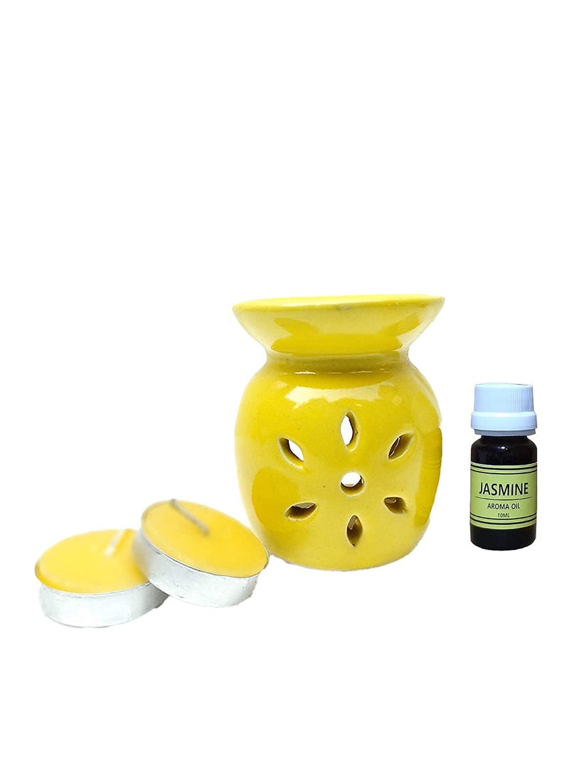 homedecor anurudh homedecor anurudh bharti Pure Ceramic Aroma Diffuser Burner Pack of 1 with 2 Tea Light Candle and 10ml Jasmine Aroma Oil Undiluted Aroma Oil Readytouse Aroma Burner Yellow Size 8 x 75 cm  - Image 1