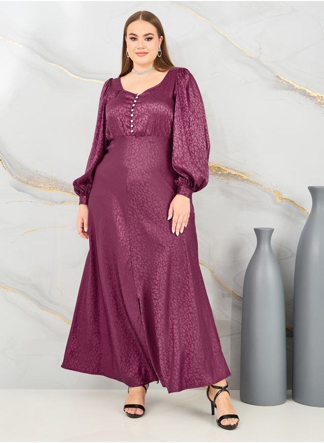 Styli Plus Jacquard Bishop Sleeves A-Line Maxi Dress  - Image 1