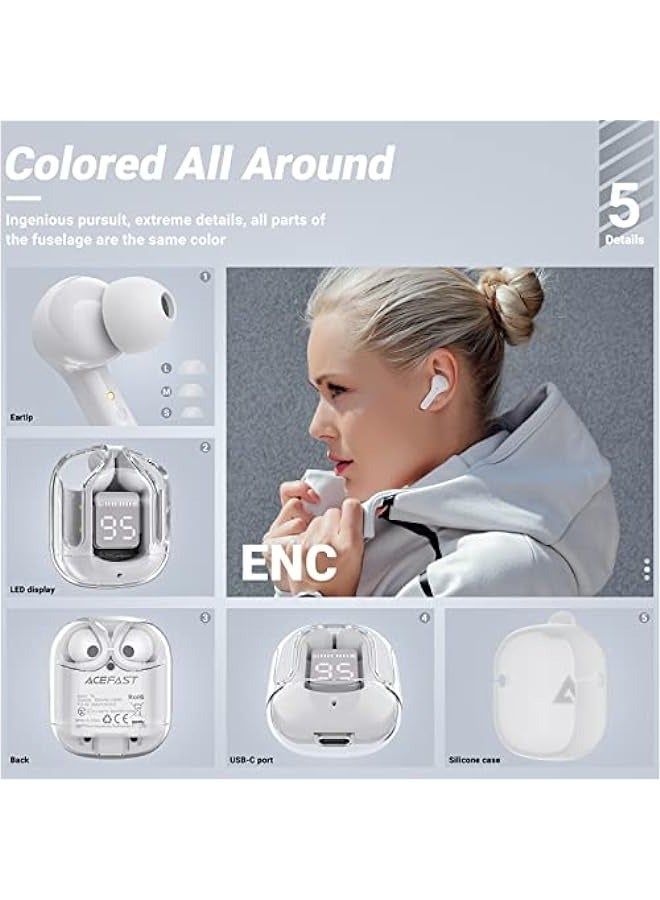 ANKOVO Wireless Earbuds, Bluetooth Headphones with ENC Noise Canceling, Translucent Design, HiFi Dual Stereo Microphone, Mini In-Ear Earbuds, Charging Case, LED Digital Display - Image 4