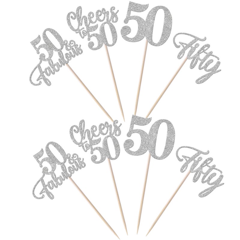 Rsstarxi 24 Pack 50th Birthday Cupcake Toppers Glitter Hello Cheers to 50 Cupcake Topper 50 Fabulous Fifty Cupcake Picks for Happy 50th Birthday Wedding Anniversary Party Cake Decorations Silver - Image 4