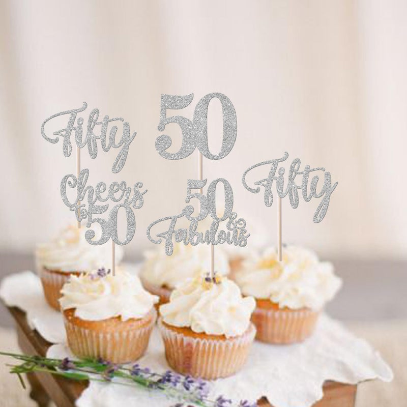Rsstarxi 24 Pack 50th Birthday Cupcake Toppers Glitter Hello Cheers to 50 Cupcake Topper 50 Fabulous Fifty Cupcake Picks for Happy 50th Birthday Wedding Anniversary Party Cake Decorations Silver - Image 3