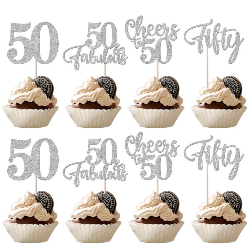 Rsstarxi 24 Pack 50th Birthday Cupcake Toppers Glitter Hello Cheers to 50 Cupcake Topper 50 Fabulous Fifty Cupcake Picks for Happy 50th Birthday Wedding Anniversary Party Cake Decorations Silver - Image 1