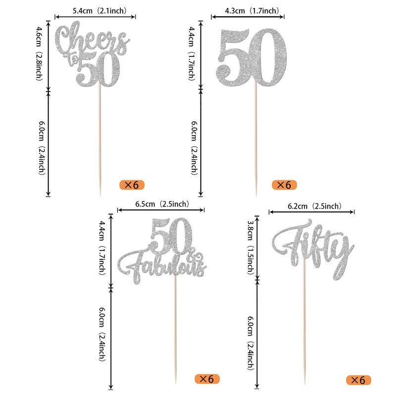 Rsstarxi 24 Pack 50th Birthday Cupcake Toppers Glitter Hello Cheers to 50 Cupcake Topper 50 Fabulous Fifty Cupcake Picks for Happy 50th Birthday Wedding Anniversary Party Cake Decorations Silver - Image 2