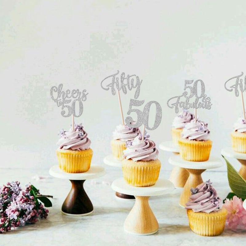 Rsstarxi 24 Pack 50th Birthday Cupcake Toppers Glitter Hello Cheers to 50 Cupcake Topper 50 Fabulous Fifty Cupcake Picks for Happy 50th Birthday Wedding Anniversary Party Cake Decorations Silver - Image 5