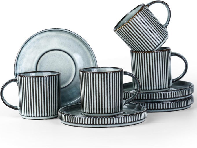STAR ESPRESSO CUPS AND SAUCERS SET OF 4 MINI 3 OZ CERAMIC SMALL COFFEE MUG WITH HANDLE RIBBED STONEWARE DEMITASSE CUP FOR TEA LATTE MICROWAVE DISHWASHER SAFE SMOKY BLUE