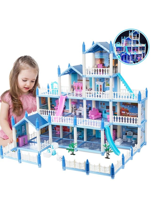 Favarey 4 Floors Huge Dollhouse Play Set with 14 Rooms 4 doll 2 Color Light Strips with Lights to Assemble Kitchen, Bedroom, Furniture, Garden,Pets DIY Pretend Play Doll House for Girls. - Image 1