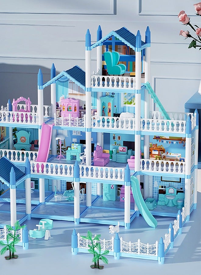 Favarey 4 Floors Huge Dollhouse Play Set with 14 Rooms 4 doll 2 Color Light Strips with Lights to Assemble Kitchen, Bedroom, Furniture, Garden,Pets DIY Pretend Play Doll House for Girls. - Image 2