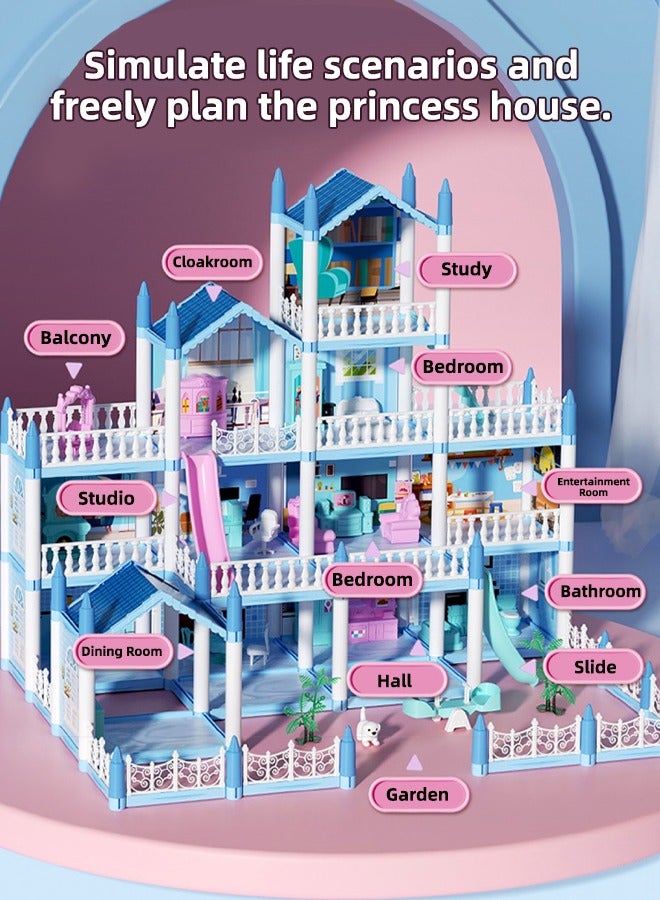 Favarey 4 Floors Huge Dollhouse Play Set with 14 Rooms 4 doll 2 Color Light Strips with Lights to Assemble Kitchen, Bedroom, Furniture, Garden,Pets DIY Pretend Play Doll House for Girls. - Image 3