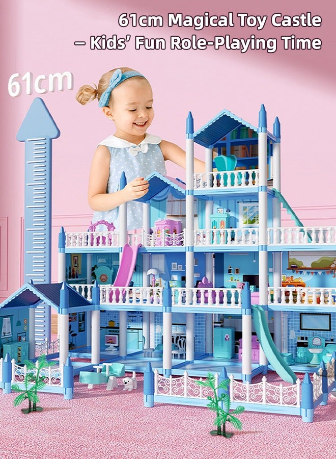 Favarey 4 Floors Huge Dollhouse Play Set with 14 Rooms 4 doll 2 Color Light Strips with Lights to Assemble Kitchen, Bedroom, Furniture, Garden,Pets DIY Pretend Play Doll House for Girls. - Image 4