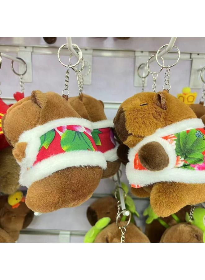 Net Red Cute Capybara Pendant Plush Toy Doll Turtle Bag Pendant Keychain Doll Doll Wholesale-Color:Floral Jacket-Height:12cm Gold Keychain - Image 1