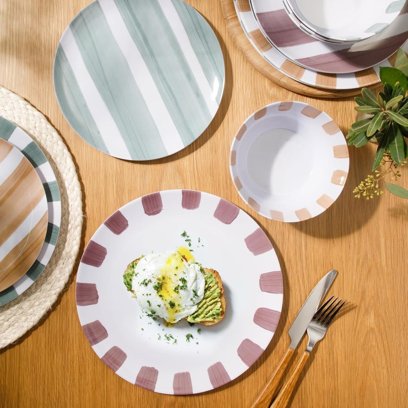 Gibson Home Cottage Stripes 12 Piece Unbreakable Melamine Plates and Bowls Dinnerware Set  Outdoor Camping  Everyday Use  Assorted Colors - Image 3