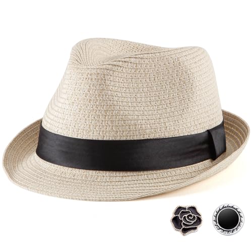 LADYBRO Summer Beige Straw Trilby for Men 1920s Short Brim Fedora Hat Beach Travel 7 1/4 - Image 1