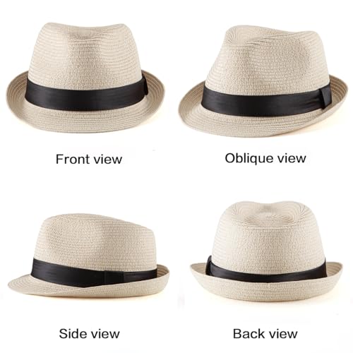 LADYBRO Summer Beige Straw Trilby for Men 1920s Short Brim Fedora Hat Beach Travel 7 1/4 - Image 4