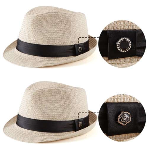 LADYBRO Summer Beige Straw Trilby for Men 1920s Short Brim Fedora Hat Beach Travel 7 1/4 - Image 3