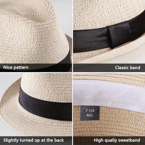 LADYBRO Summer Beige Straw Trilby for Men 1920s Short Brim Fedora Hat Beach Travel 7 1/4 - Image 5