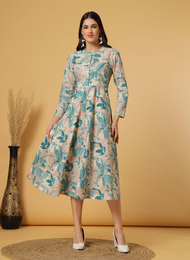 LARGISH Women Printed Layered Fit & Flare Midi Dress with Abstract Design - Image 1