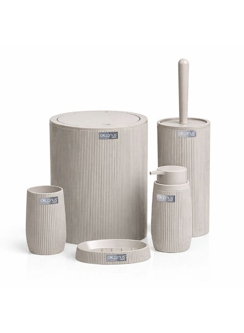 Bella 5-Piece Bathroom Accessories Set – Modern Ribbed Design with Plastic Accents – Durable Easy-Clean Bathroom Set with Trash Can, Soap Dispensers & Toilet Brush (Beige)