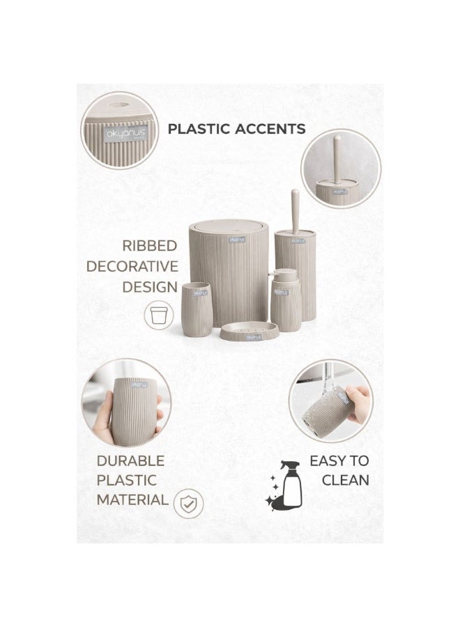 اوكانيوس  طقم إكسسوارات حمام بيلا مكوّن من 5 قطع – تصميم عصري مضلّع مع لمسات بلاستيكية – طقم حمام متين وسهل التنظيف مع سلة مهملات وموزّع صابون وفرشاة مرحاض (بيج) - Image 4