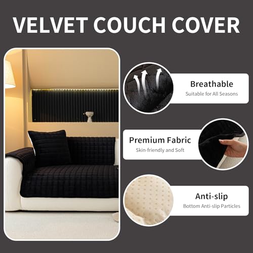MDSASFD Velvet Couch Cover, Plush Sectional Sofa Cover Washable, Anti Slip Sofa Slipcover for 4 Cushions Sofas, Furniture Protector Covers for Pets & Kids(1PC, Black, 35.4"×94.5", 4-Seater) - Image 2